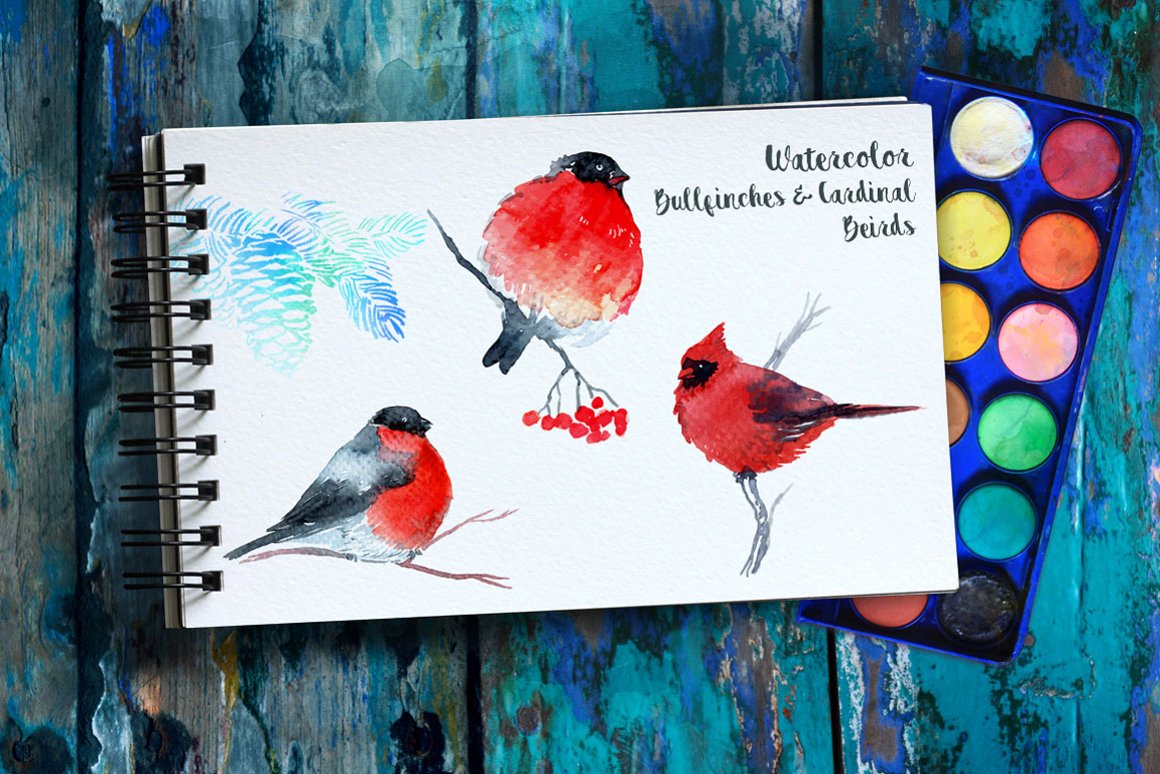 Notebook with watercolor winter birds.