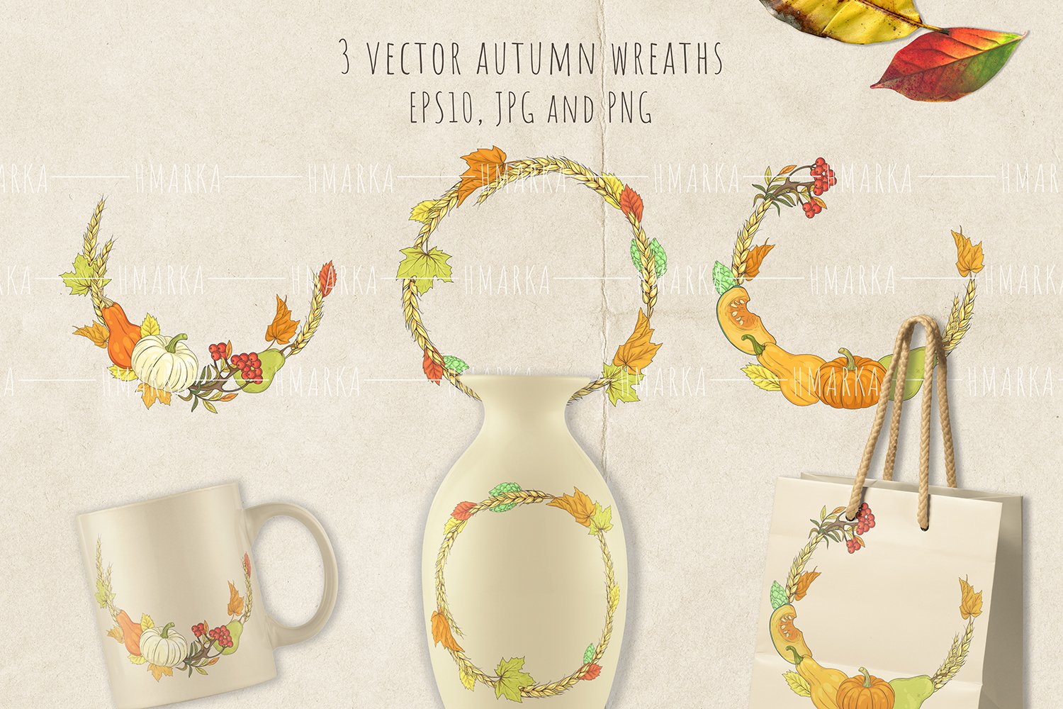 Delicate autumn wreathes and different products with these illustrations.