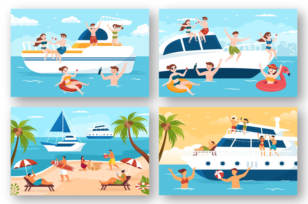 13 Yachts at Ocean Illustration unique design.