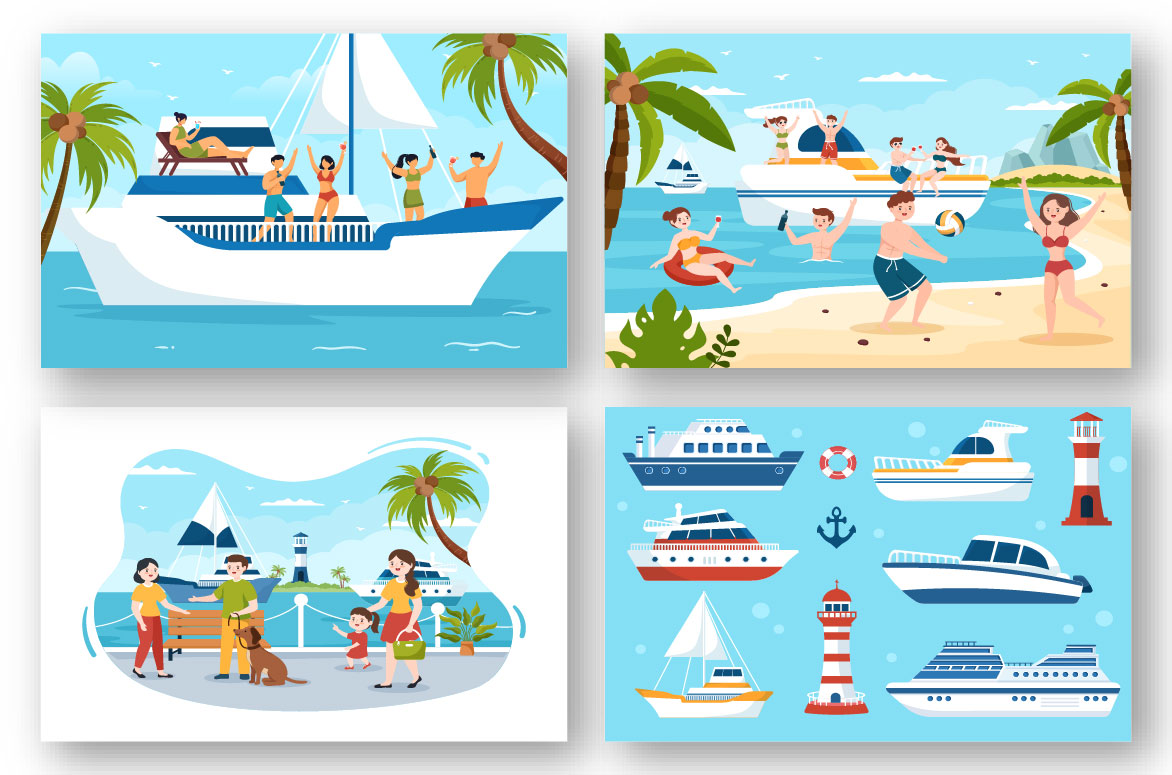 13 Yachts at Ocean Illustration collection.