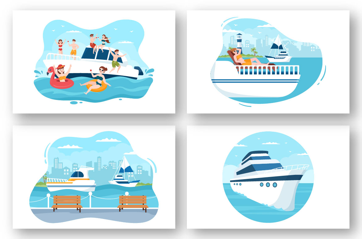 13 Yachts at Ocean Illustration set.