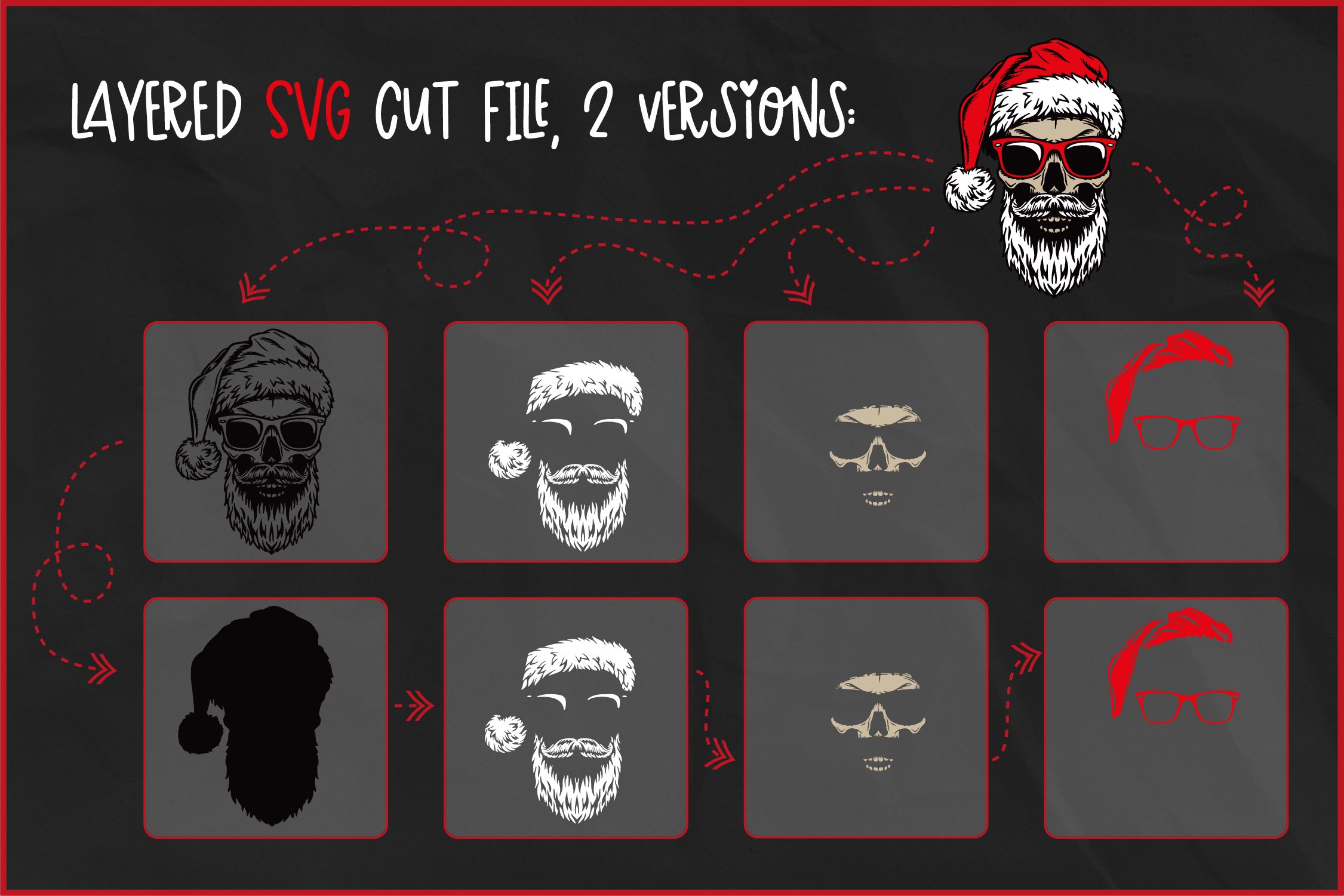 Set of images with terrible dead Santa's head.