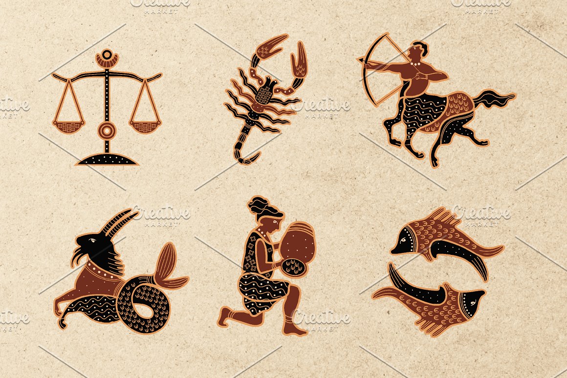 A set of 6 different brown and dark brown zodiac signs 0n a beige background.