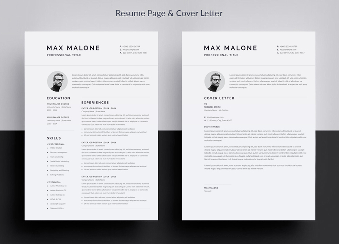 Two resume templates on a black and white background.