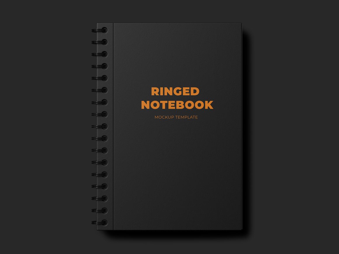 Black ringed notebook mockup with orange lettering "Ringer Notebook Mockup Template" on a black background.