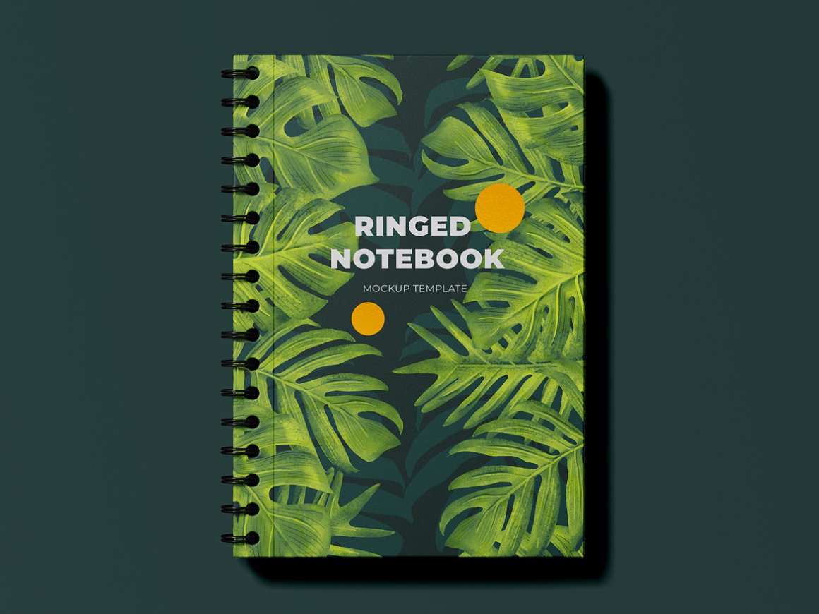 Dark green ringed notebook mockup with white lettering "Ringer Notebook Mockup Template" and images of leaves, on a dark green background.