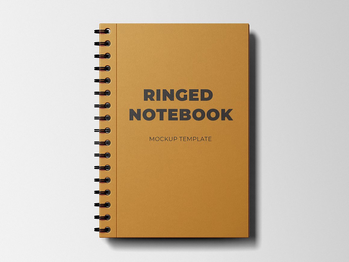 Dirty yellow ringed notebook mockup with dark gray lettering "Ringer Notebook Mockup Template" on a gray background.