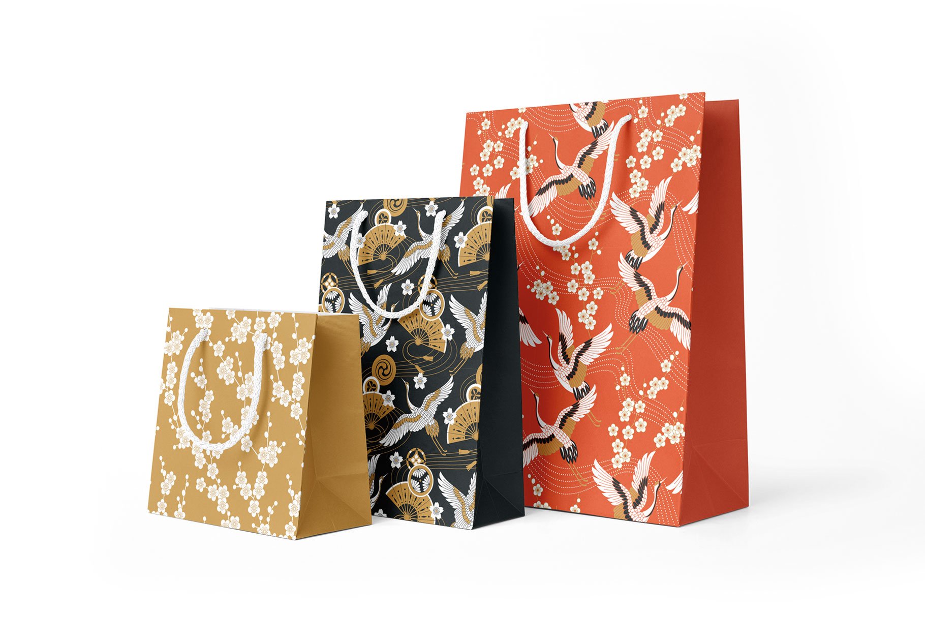 Three multicolor packages with different Japanese prints.