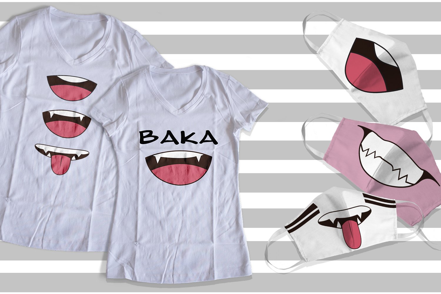 2 white t-shirts and 3 masks with an illustrations of an anime mouth on a gray and white striped background.