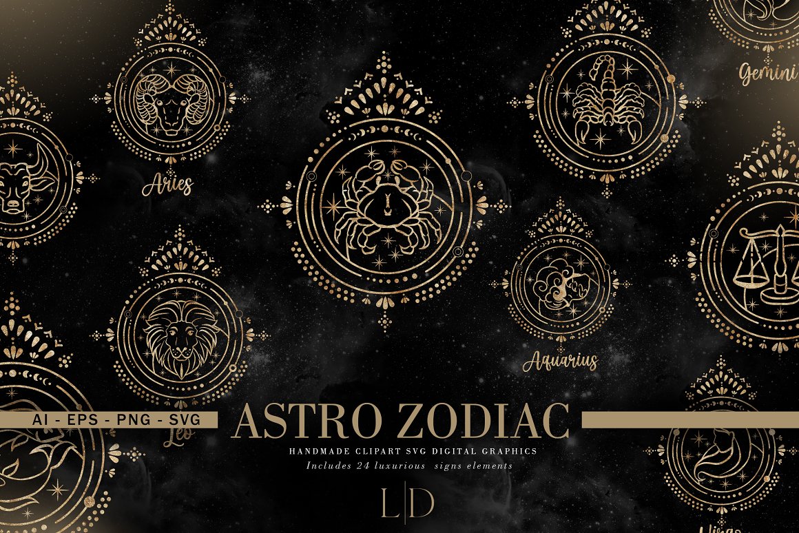 Beige lettering "Astro Zodiac" and golden different illustrations of zodiac signs on a black background.