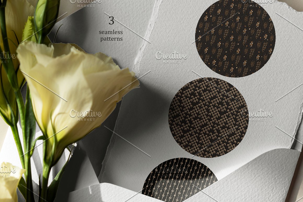 An example of 3 black seamless patterns on a white background with flowers.