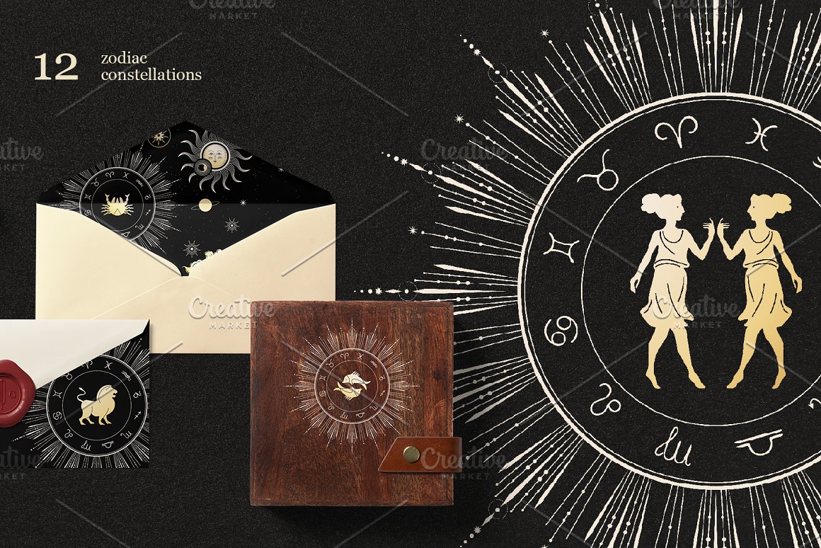 White-golden circular emblem with zodiac sign, and the envelope, card and wallet on a black background.