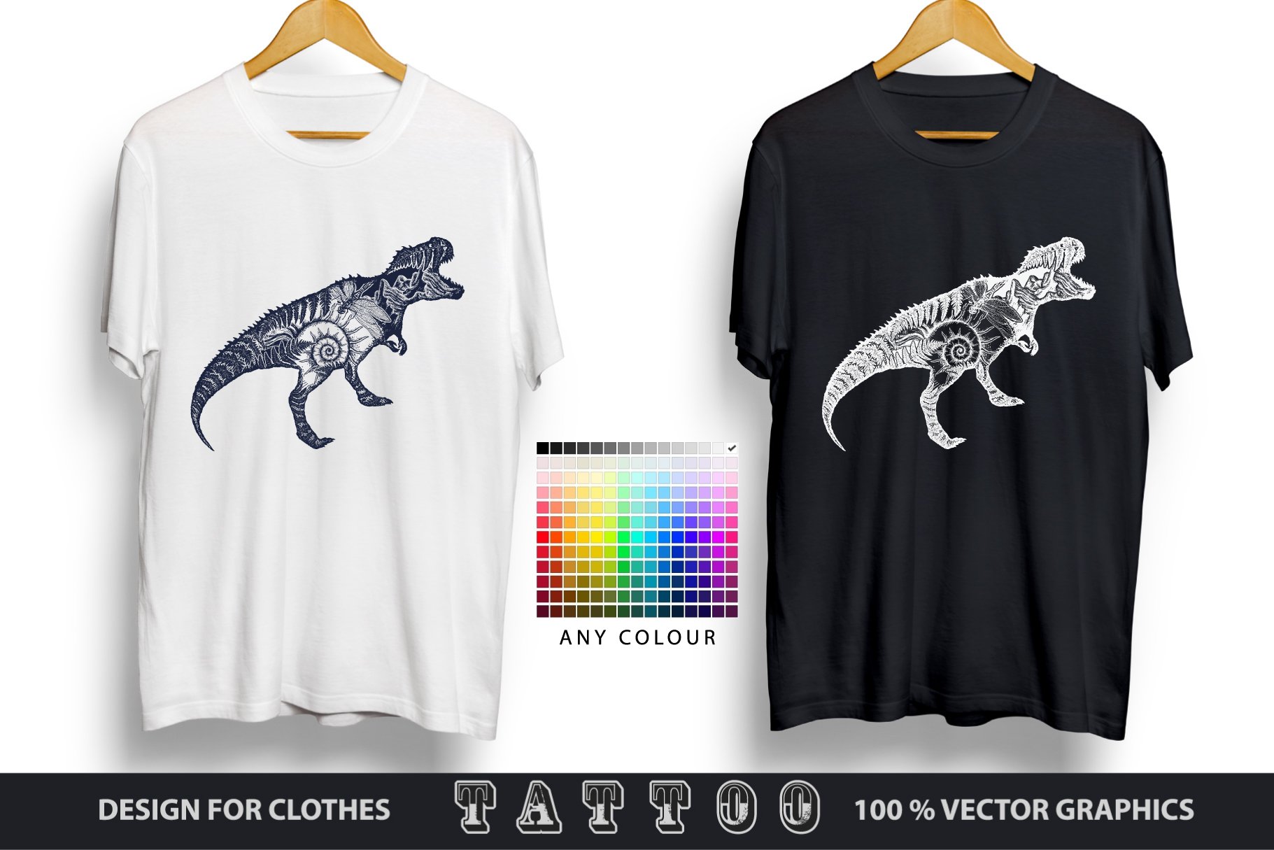 Two t-shirts - black and white with the grey and white angry dinosaurs.