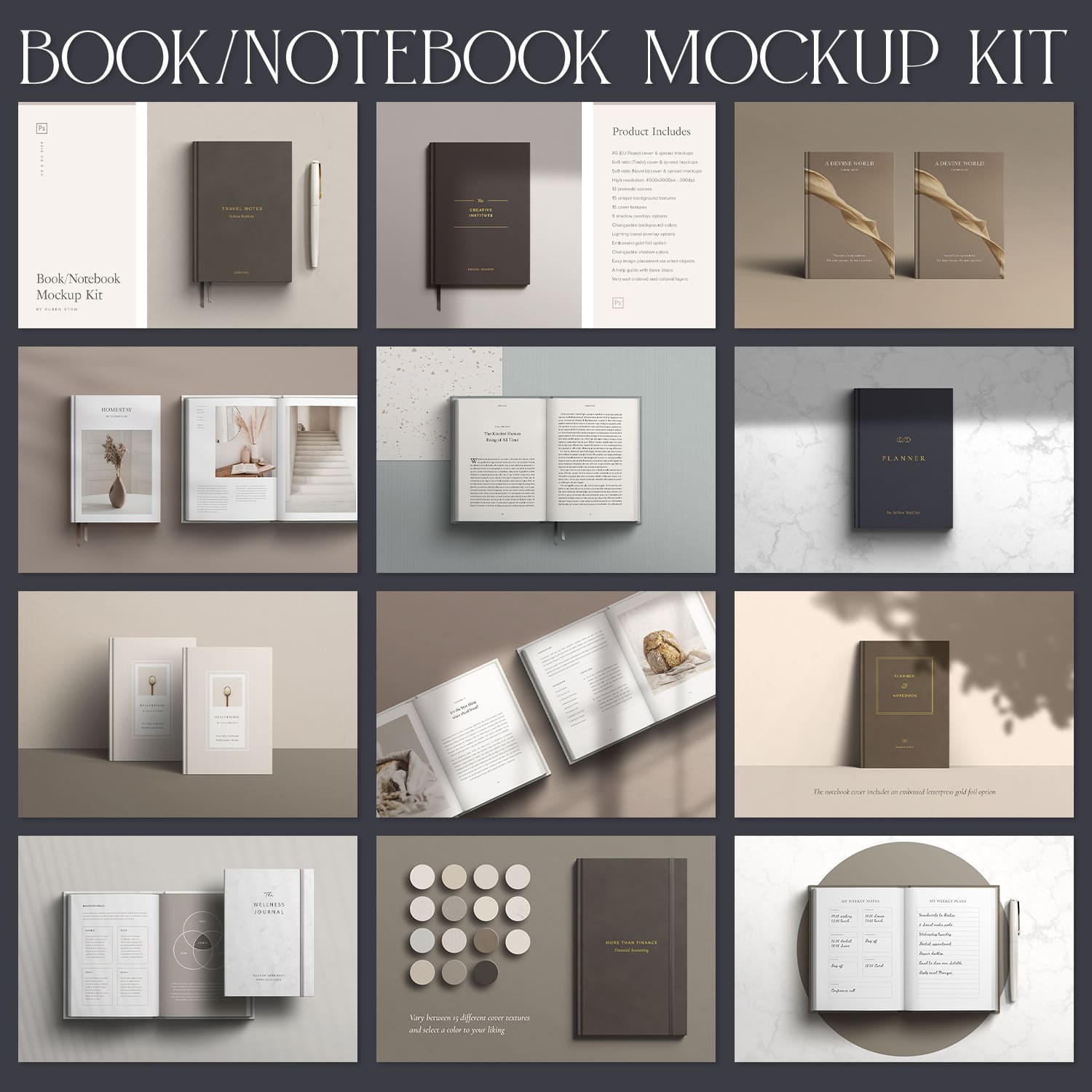 A set of images of books and notebooks with a charming design.