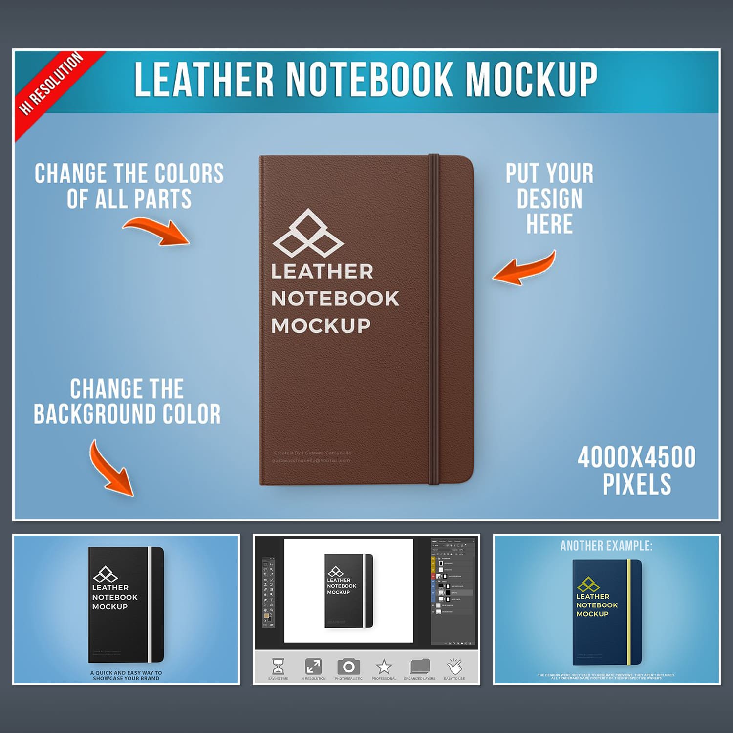 Notebook Leather Cover Mockup PSD.