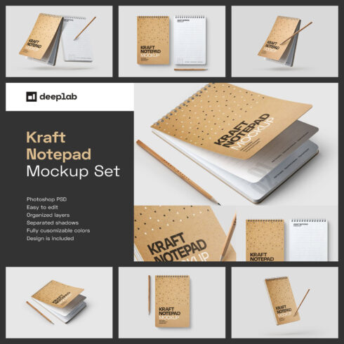 Kraft Notepad Mockup Set, Sketchbook.