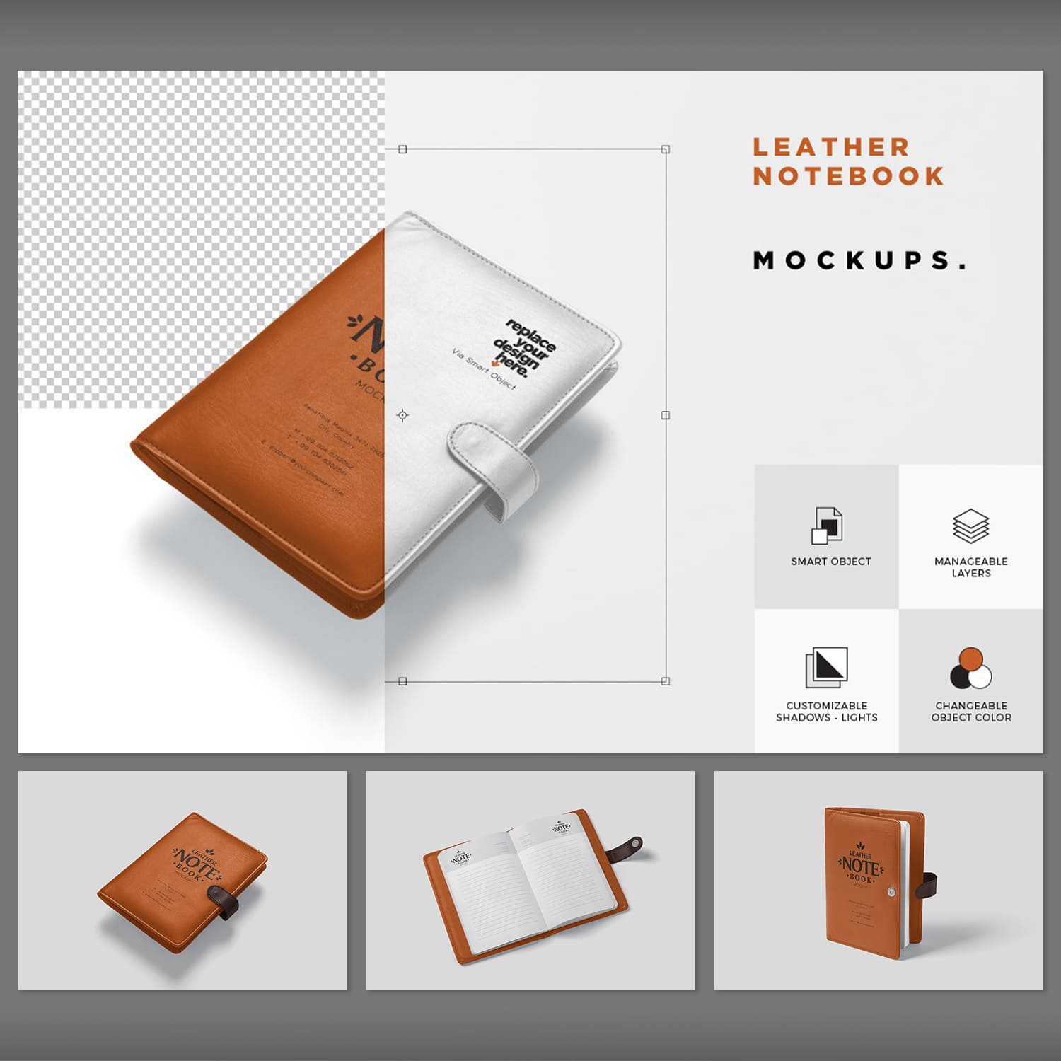 A pack of images of leather notebooks with a charming design.