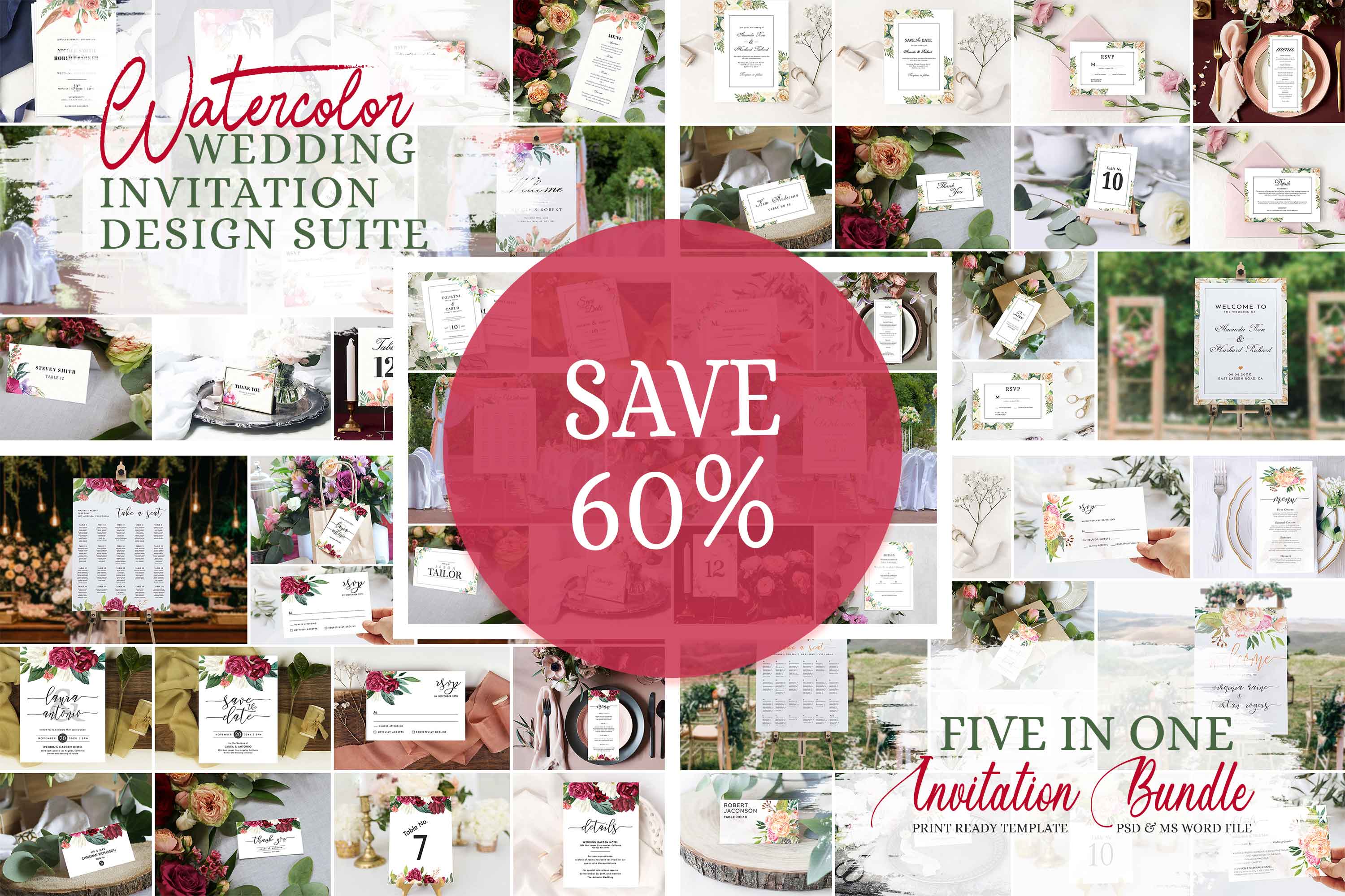 Cover image of Watercolor Floral Wedding Invitation Package Mega Bundle.