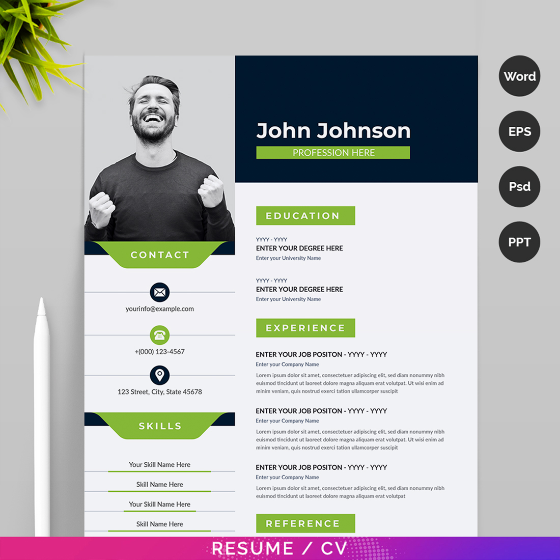 Professional resume template with a green and black color scheme.