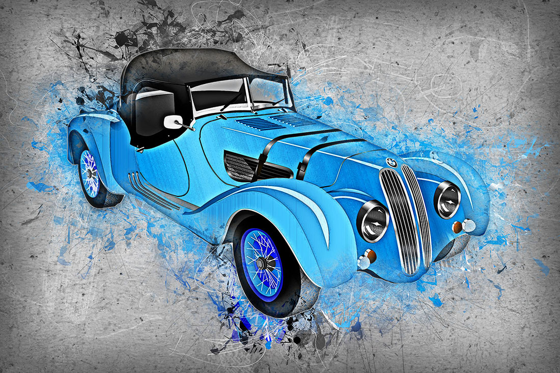 Blue car from 12 Vintage Classic Cars HQ Graphics with Grunge Style.