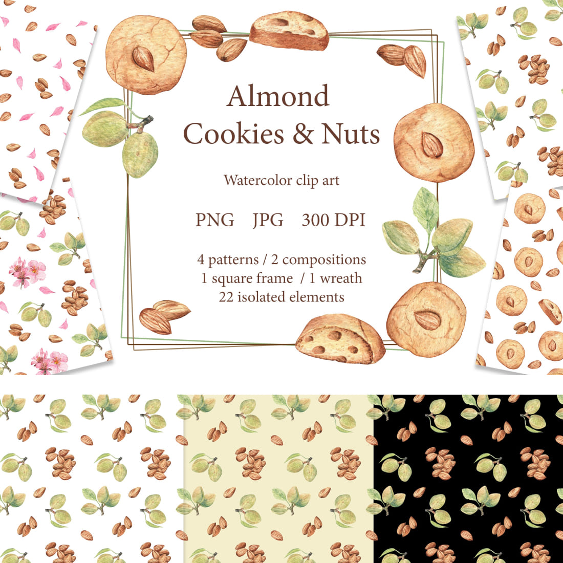 Almond Cookies and Nuts. Watercolor clip art and patterns. cover.