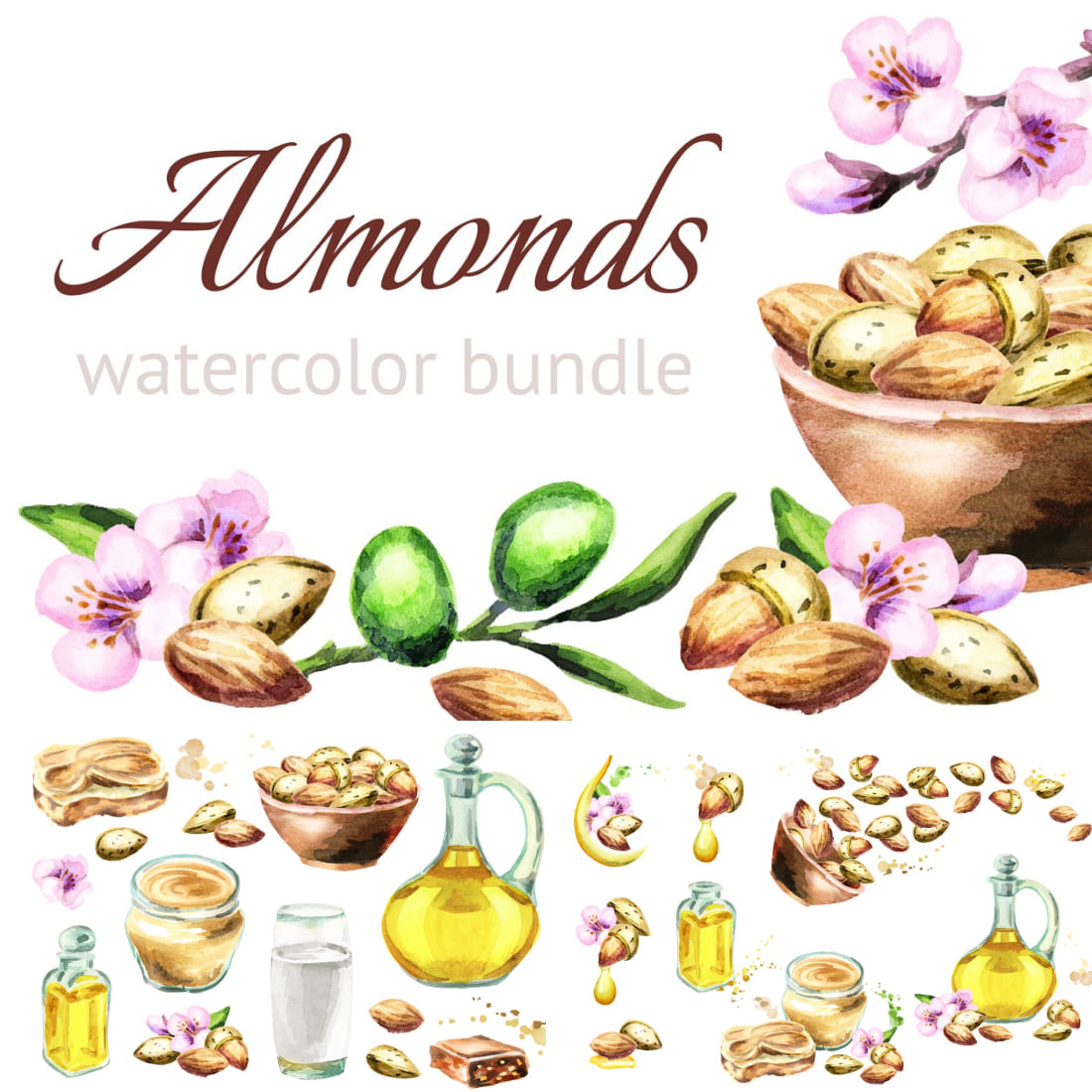 Almonds bundle. Watercolor cover.
