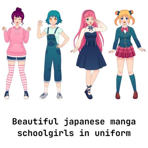 Anime Girls. Beautiful Japanese Manga Schoolgirls In Uniform.