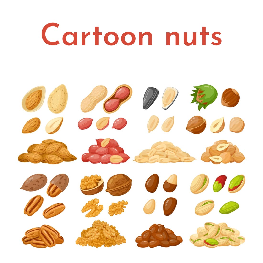 Cartoon Nuts. Almond, Peanut, Cashew, Hazelnut Nuts, Sunflow.