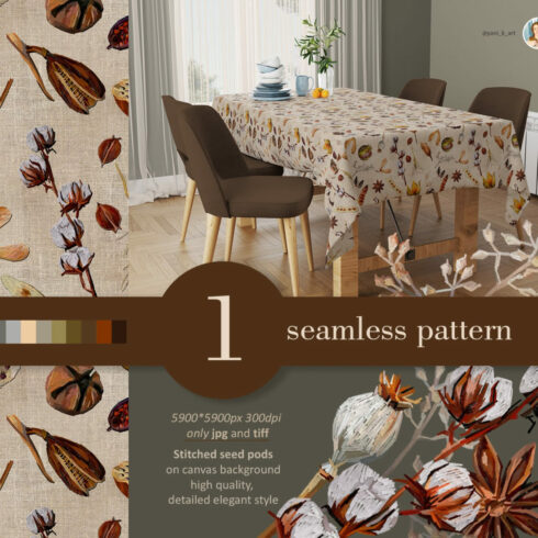 Fall seamless pattern, autumn floral elements , seed pods.