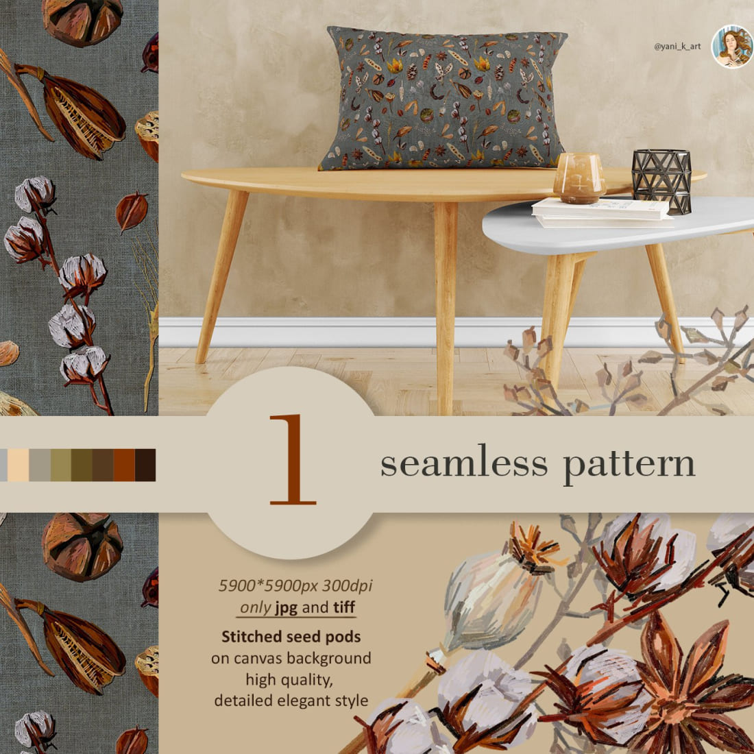 Fall seamless pattern JPG, seed pods digital paper for print cover.