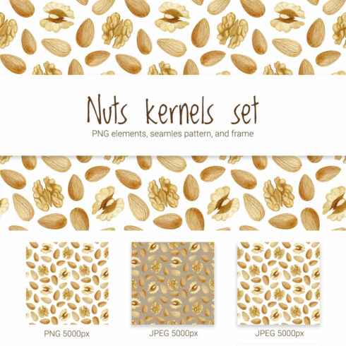 Hand-drawn nuts kernels set: seamless pattern and frame.