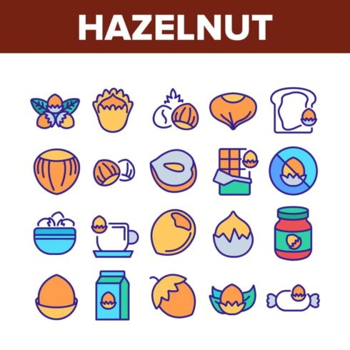 Hazelnut Organic Food Collection Icons Set Vector.