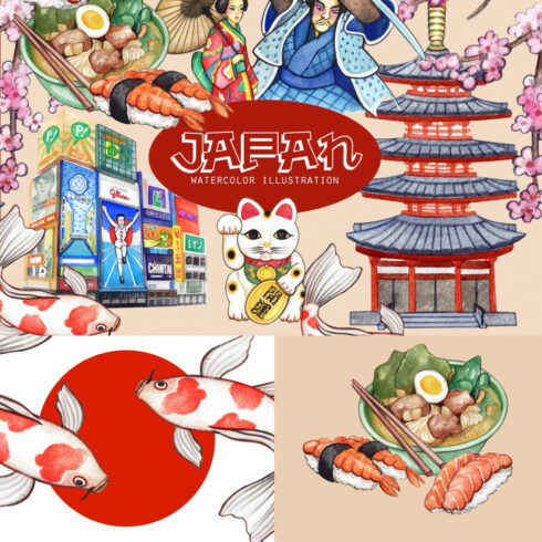 Japan Travel Watercolor Cliparts.