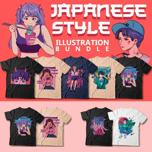 Japanese Style Anime Illustration T-shirt Designs Bundle.