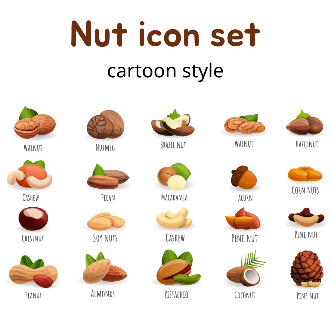 Nut icon set, cartoon style.
