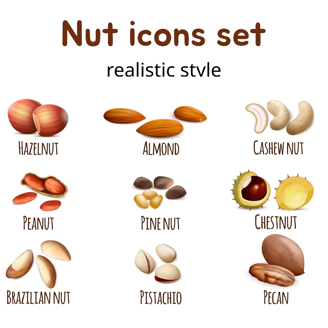 Nut icons set, realistic style.