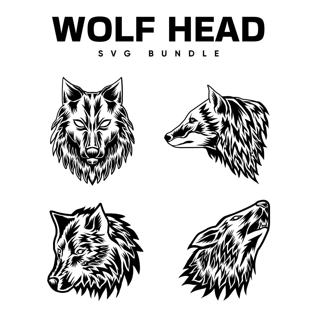 Set of four wolf heads in black and white.