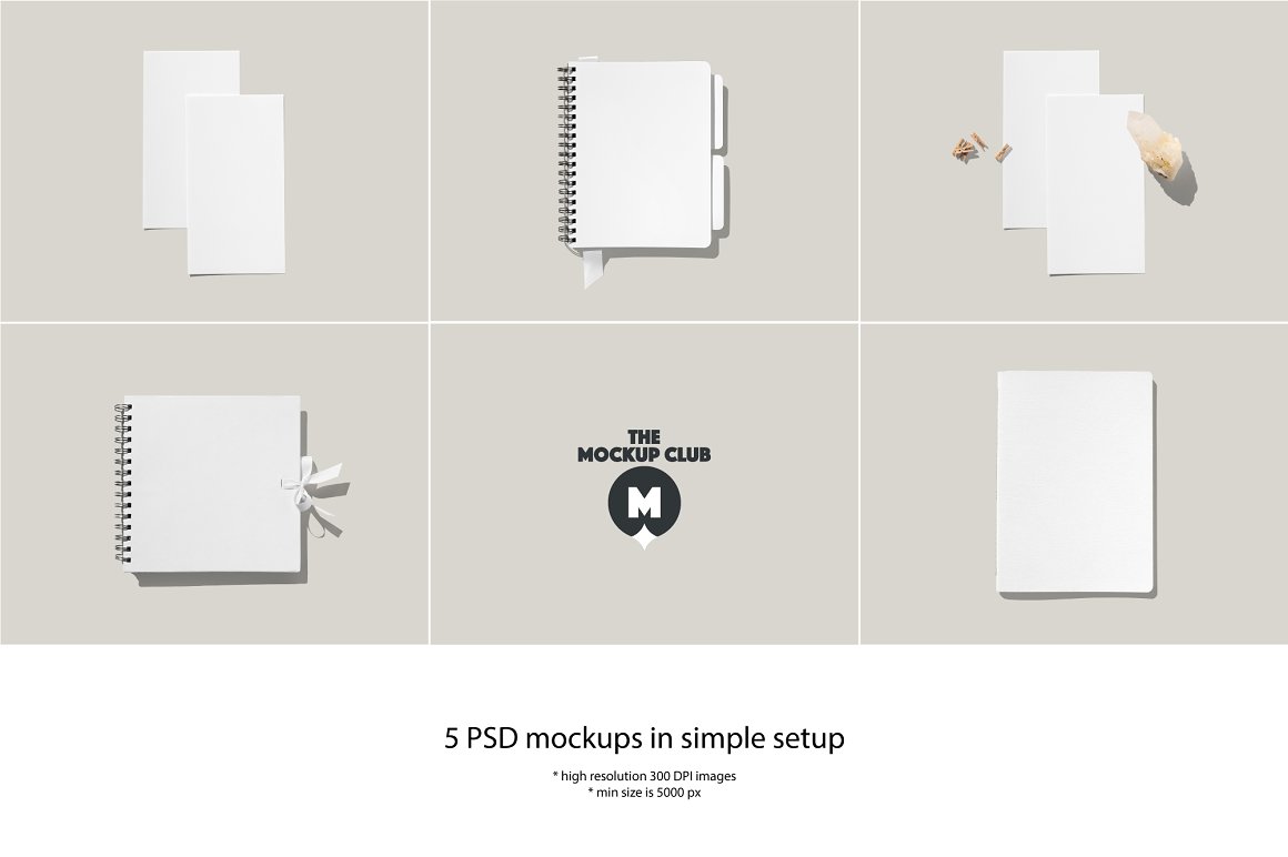 5 different white mockups notebooks and cards on a grey background.