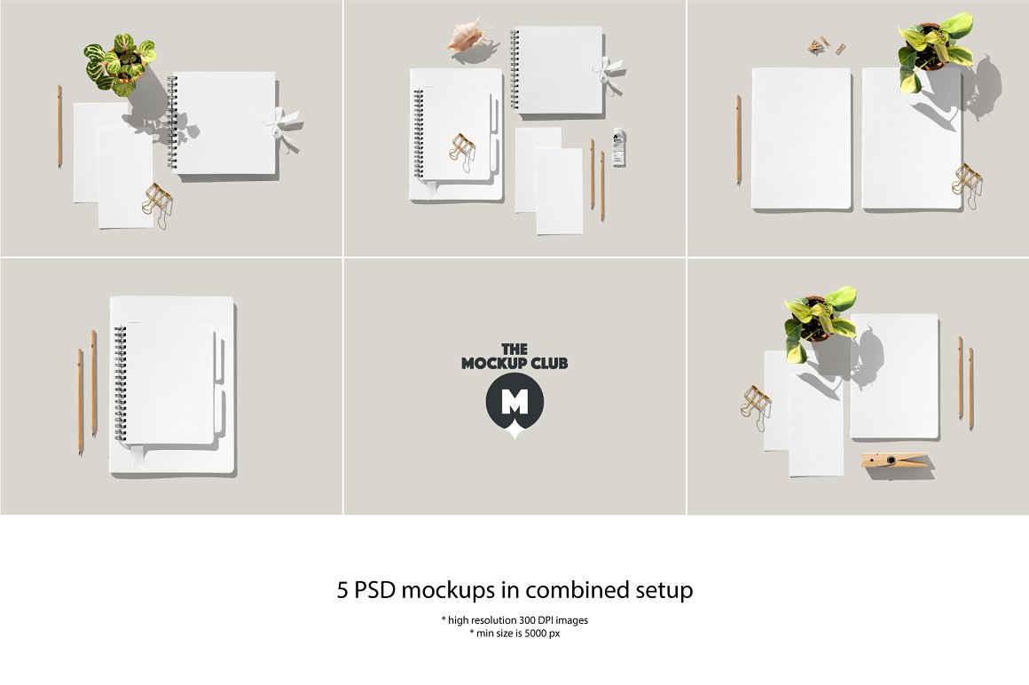 5 different white mockups notebooks, cards, stationery and vase with a flower on a grey background.