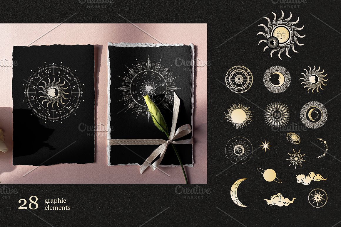 A set of white and golden graphic elements with images of the sun, moon, stars and planets.