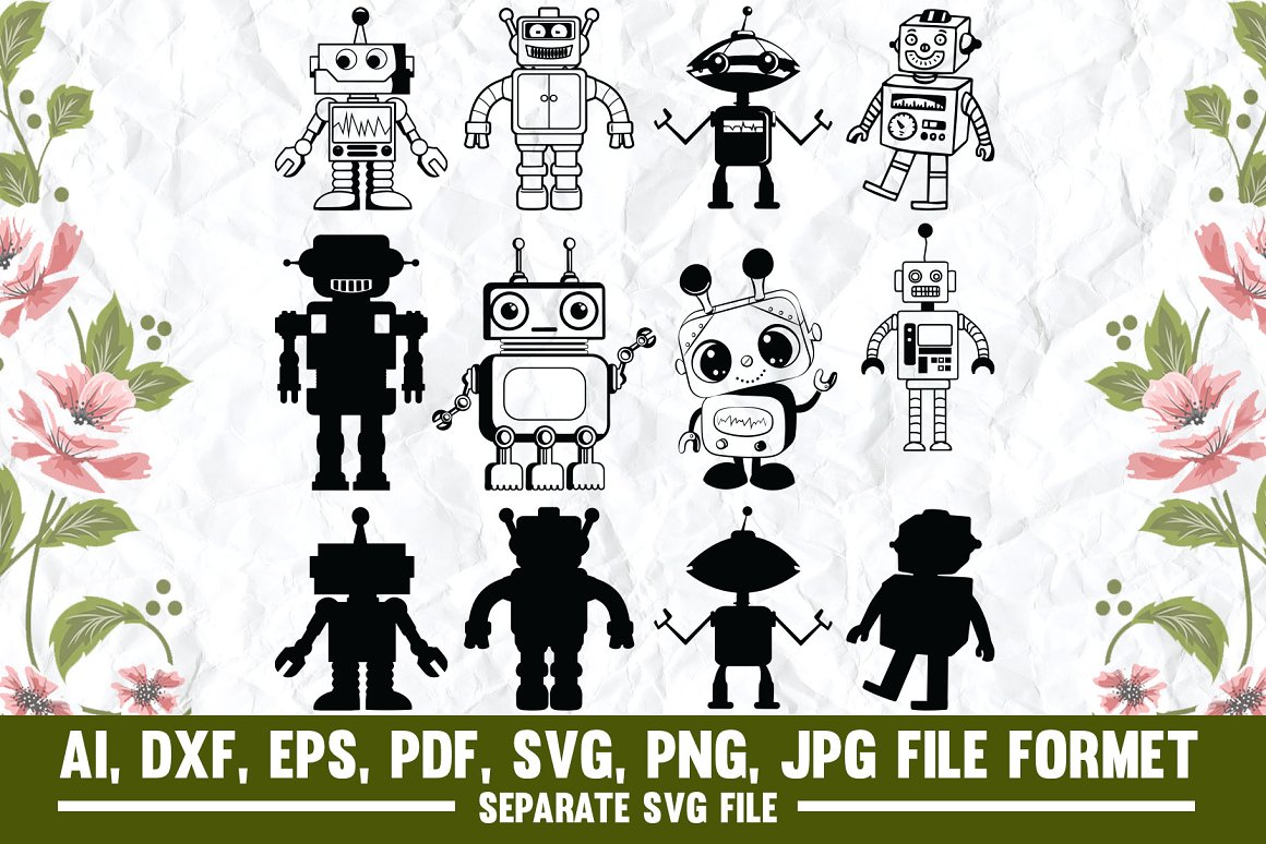 12 different black and white illustration of robots on a white background with flowers.