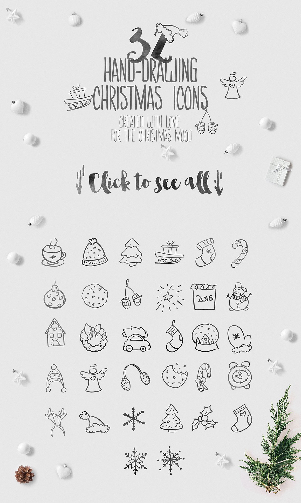 A set of 32 black different hand-drawing christmas icons on a gray background.