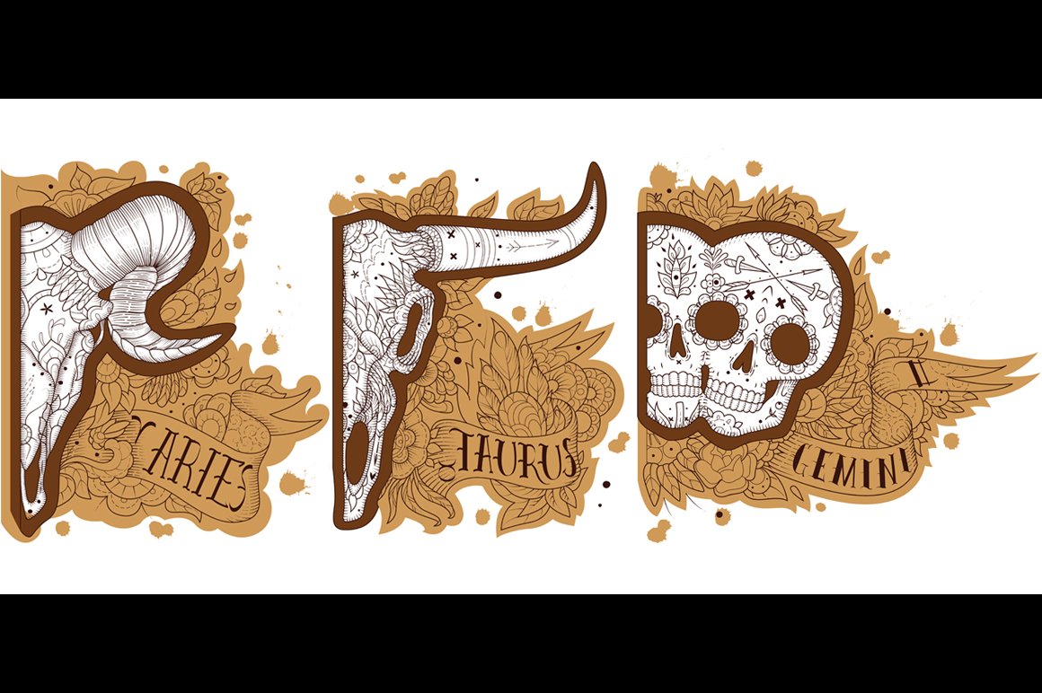 A set of 3 different brown and white zodiac bones on a white background.