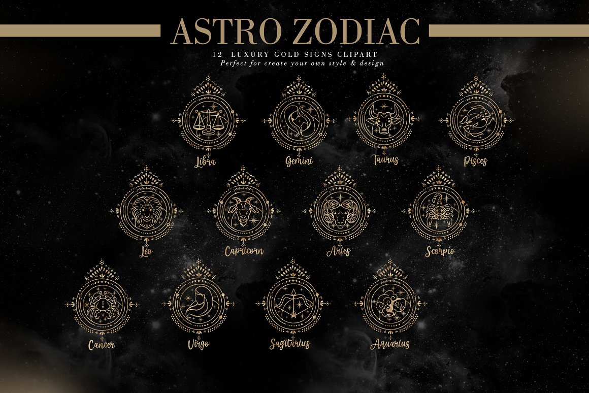 Beige lettering "Astro Zodiac" and 12 golden different illustrations of zodiac signs on a black background.
