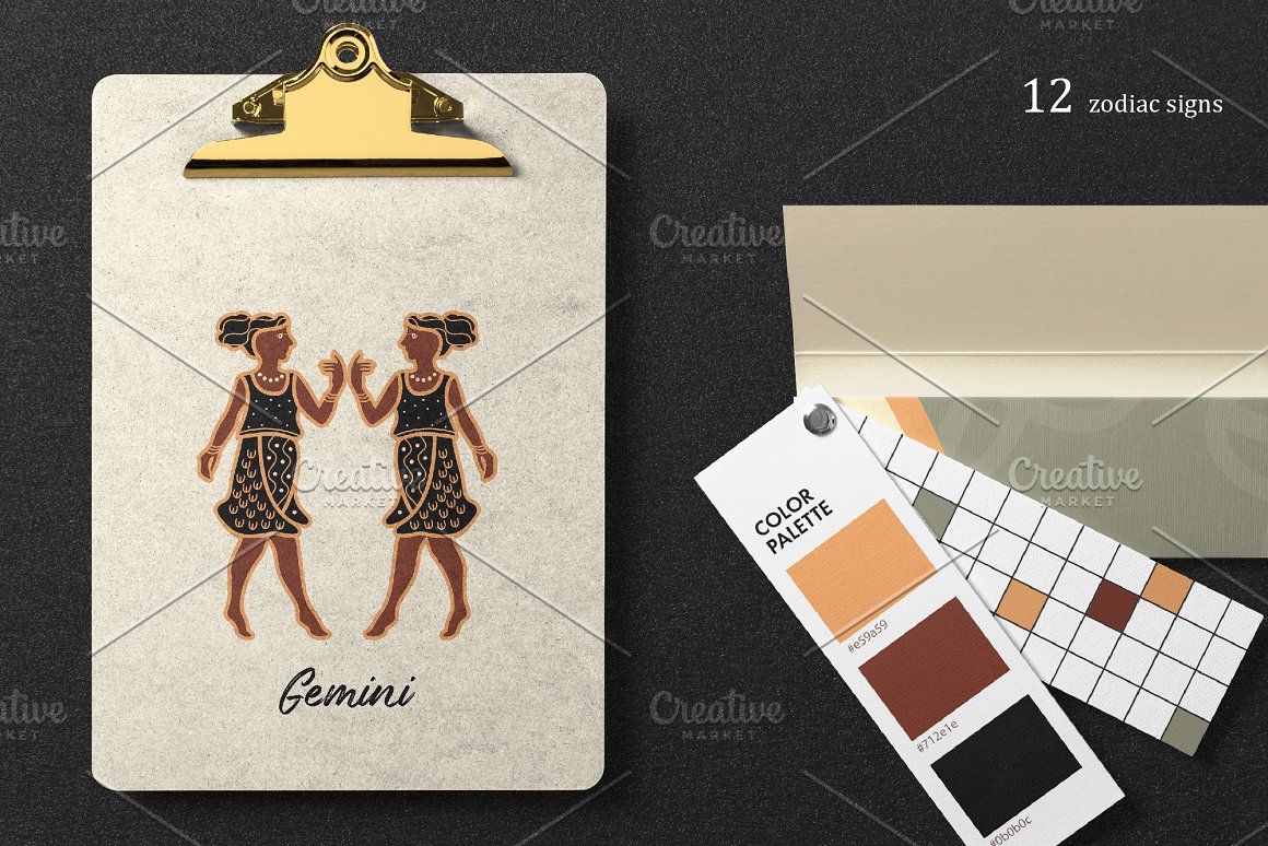 Brown and dark brown zodiac sign "Gemini" and an example of a color palette on a black background.