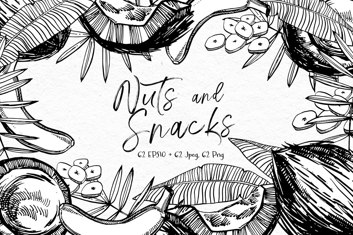 Hand drawn nuts and snack elements.