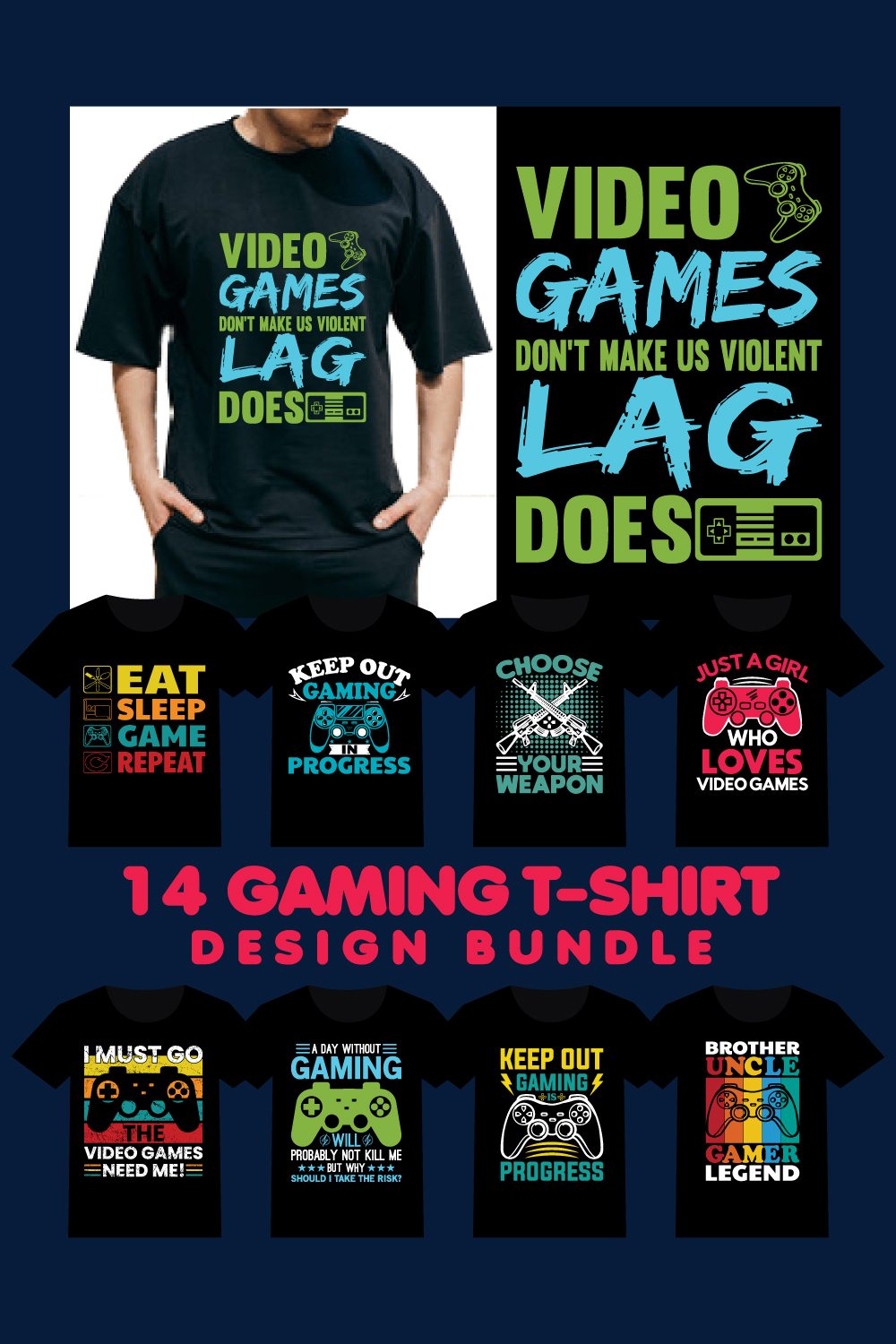 Gaming T-Shirt Design Bundle pinterest image.
