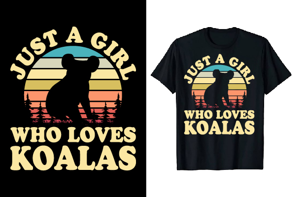 Image of a black t-shirt with an adorable koala silhouette print and slogans.