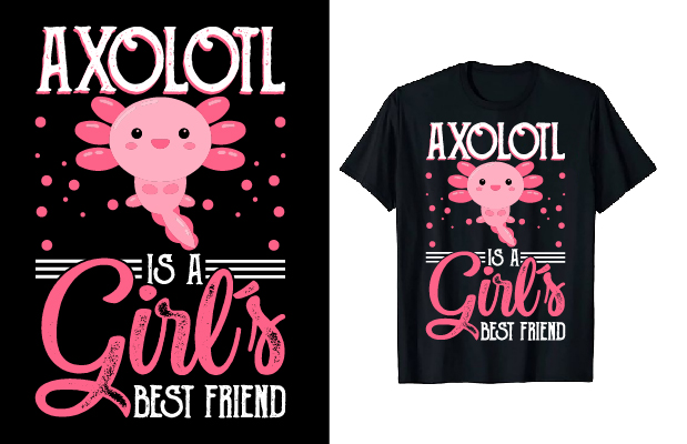 Picture of black t-shirt with cute axolotl print and lettering.