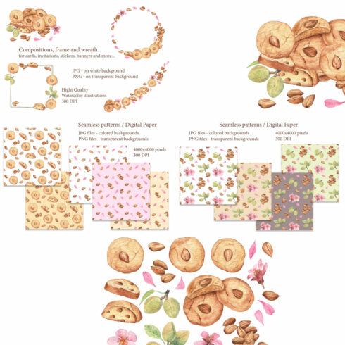 Almond Cookies and Nuts. Watercolor clip art and patterns.